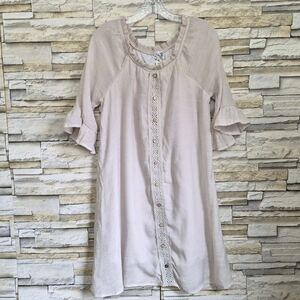 Naïf Boho Mini Dress Women’s M Beige Embroidered Button-Front Bell Sleeve Boho